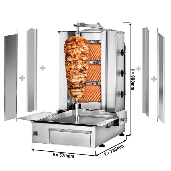 Grill gyros/döner à gaz - 3 brûleurs - max. 40 kg - incl. tôle de protection & Portes battantes