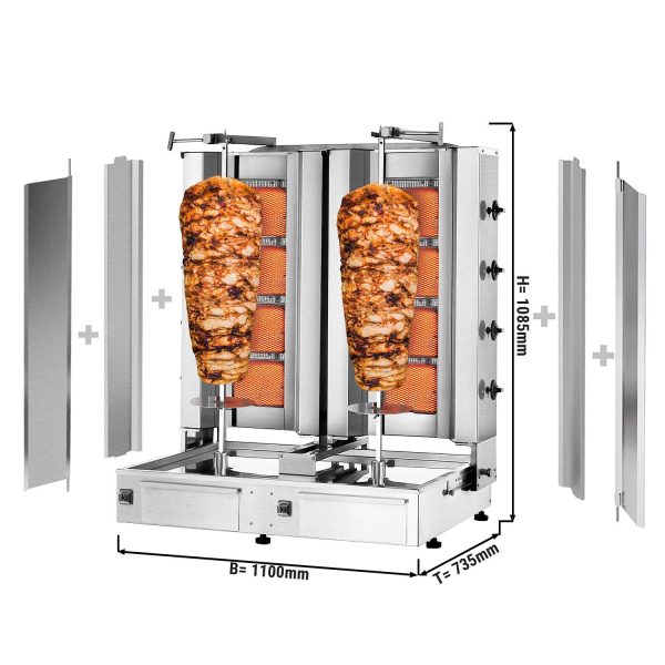 Gril à gyros / döner à gaz - 4+4 brûleurs - capacité maximale : 120 kg - inclut 2 protections latérales et 2 portes battantes