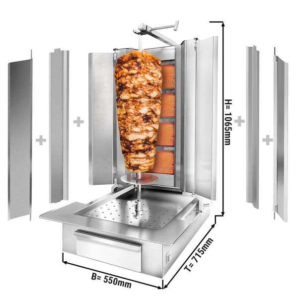 Grill gyros/döner à gaz - 4 brûleurs - max. 60 kg - incl. tôle de protection & Portes battantes - Pour GBR