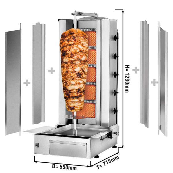 Grill gyros/döner à gaz - 5 brûleurs - max. 80 kg - incl. tôle de protection & Portes battantes