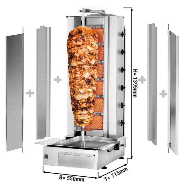 Grill gyros/döner à gaz - 6 brûleurs - max. 100 kg - incl. tôle de protection & Portes battantes