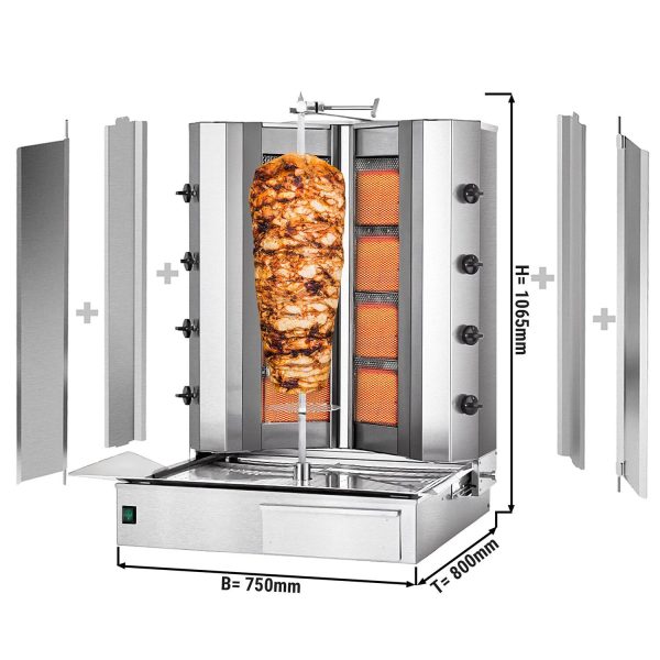 Grill gyros/döner à gaz - forme en V - 4+4 brûleurs - max. 100 kg - Portes battantes incluses