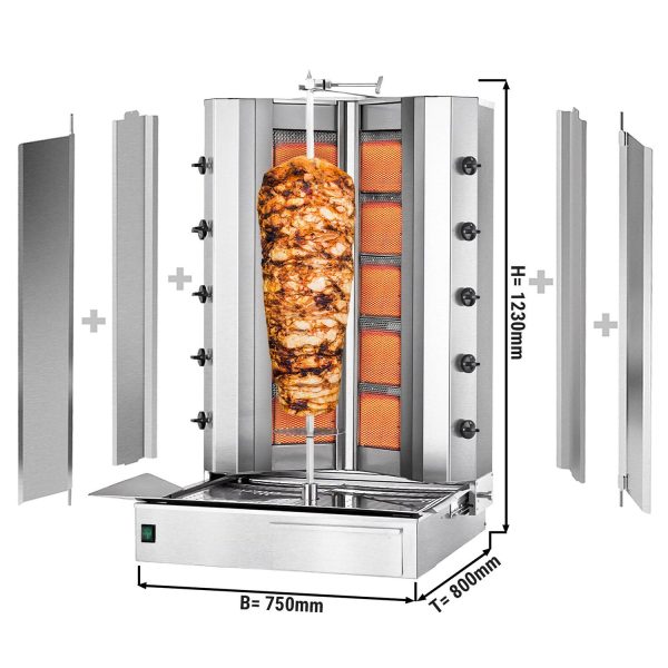 Grill gyros/döner à gaz - forme en V - 5+5 brûleurs - max. 120 kg - Portes battantes incluses