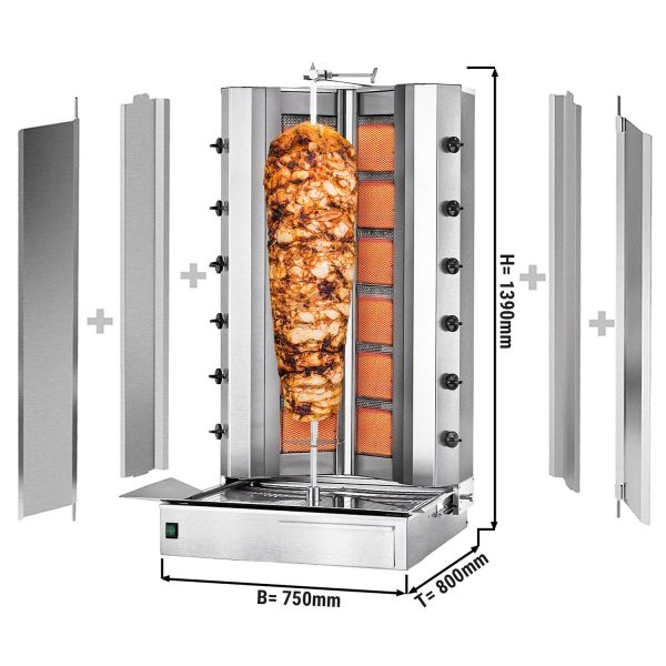 Grill gyros/döner à gaz - forme en V - 6+6 brûleurs - max. 150 kg - Portes battantes incluses