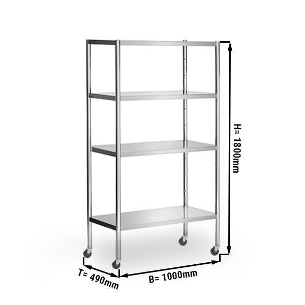 Etagère en inox PREMIUM - 1000x490mm - avec 4 étagères (REGLABLES) - 4 roues incluses