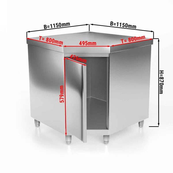 Armoire de travail d'angle en inox PREMIUM avec porte battante sans rebord 1150x800mm