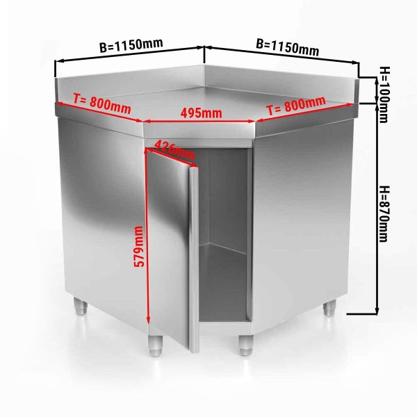 Armoire de travail d'angle en inox PREMIUM avec porte battante & rebord 1150x800mm