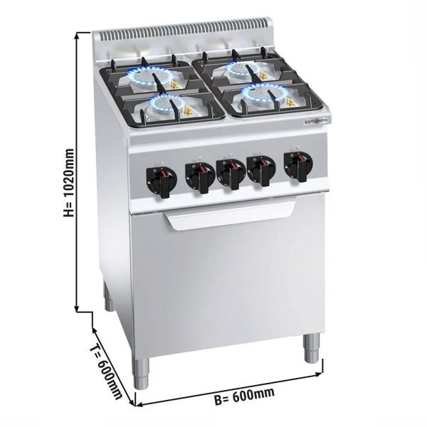 Cuisinière à gaz - 19 kW - 4 brûleurs - Four électrique à convection inclus - 3 kW