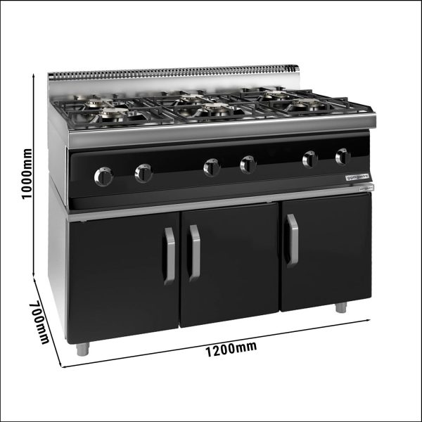 Cuisinière à gaz - 36 kW - 6 brûleurs - incl. soubassement avec 3 portes