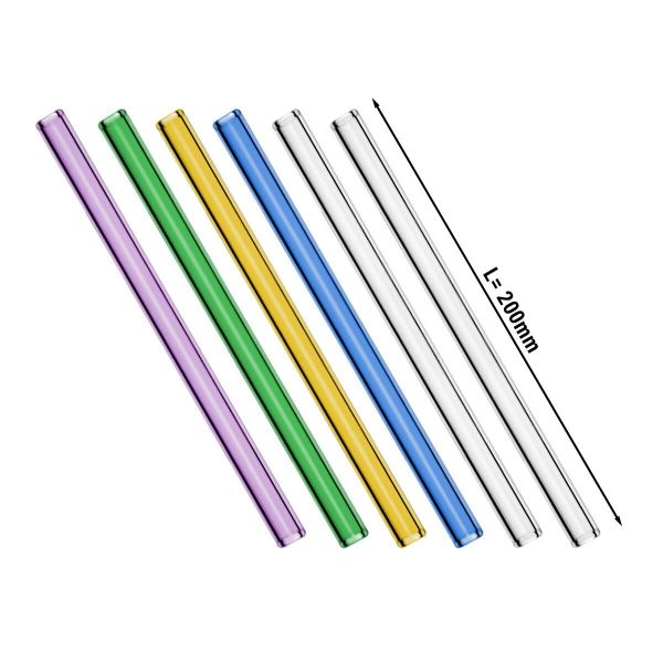 (6 pièces) Paille en verre - droite - 200mm - multicolore - brosse de nettoyage en nylon incluse