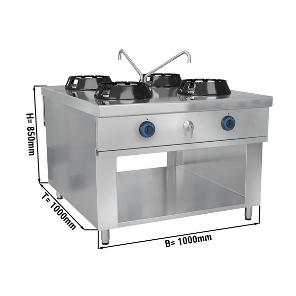 Cuisinière wok à gaz - 56 kW - 4 zones de cuisson - 2 mini-colonnes d'eau incluses