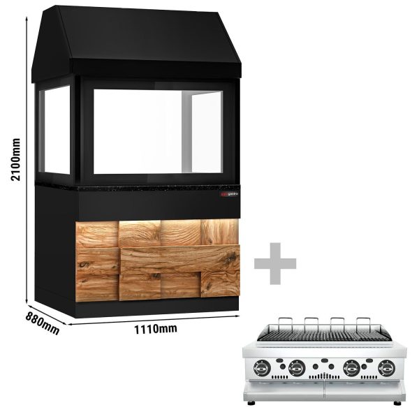 Grill à gaz TORONTO - 1100mm - Façade en bois - Plan de travail en granit noir - Verre anti-chaleur