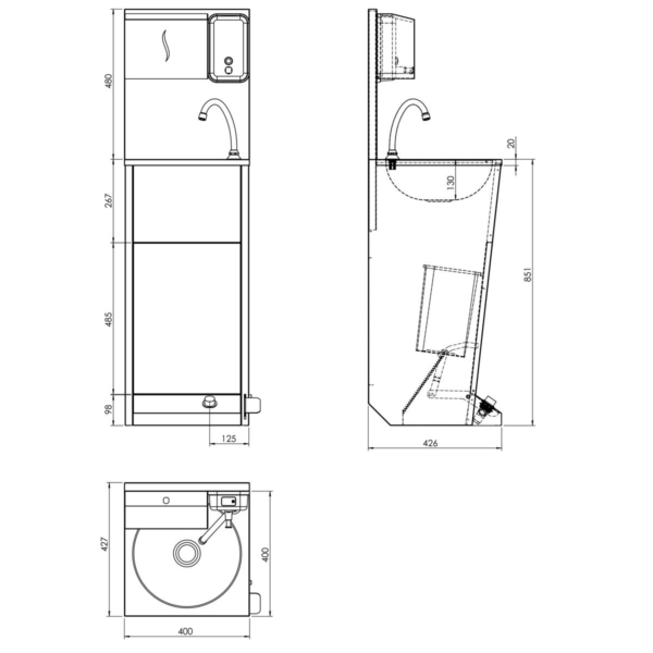 Lave-mains | Station de lavage - Acier inoxydable - avec robinet mélangeur, commande au pied, distributeur de papier et distributeur de savon