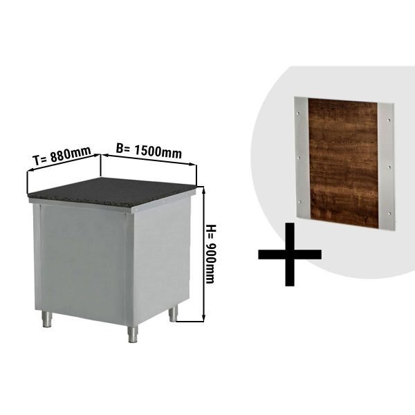 Table de caisse BERLIN - 1500mm - Façade bois - Eclairage LED - Plan de travail en granit noir