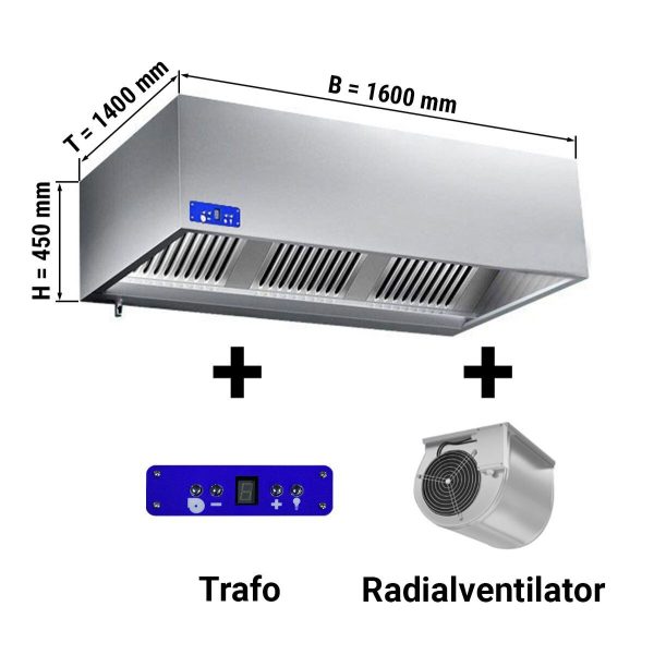 Hotte à caisson 1,6 m - avec moteur, régulateur, filtre et lampe