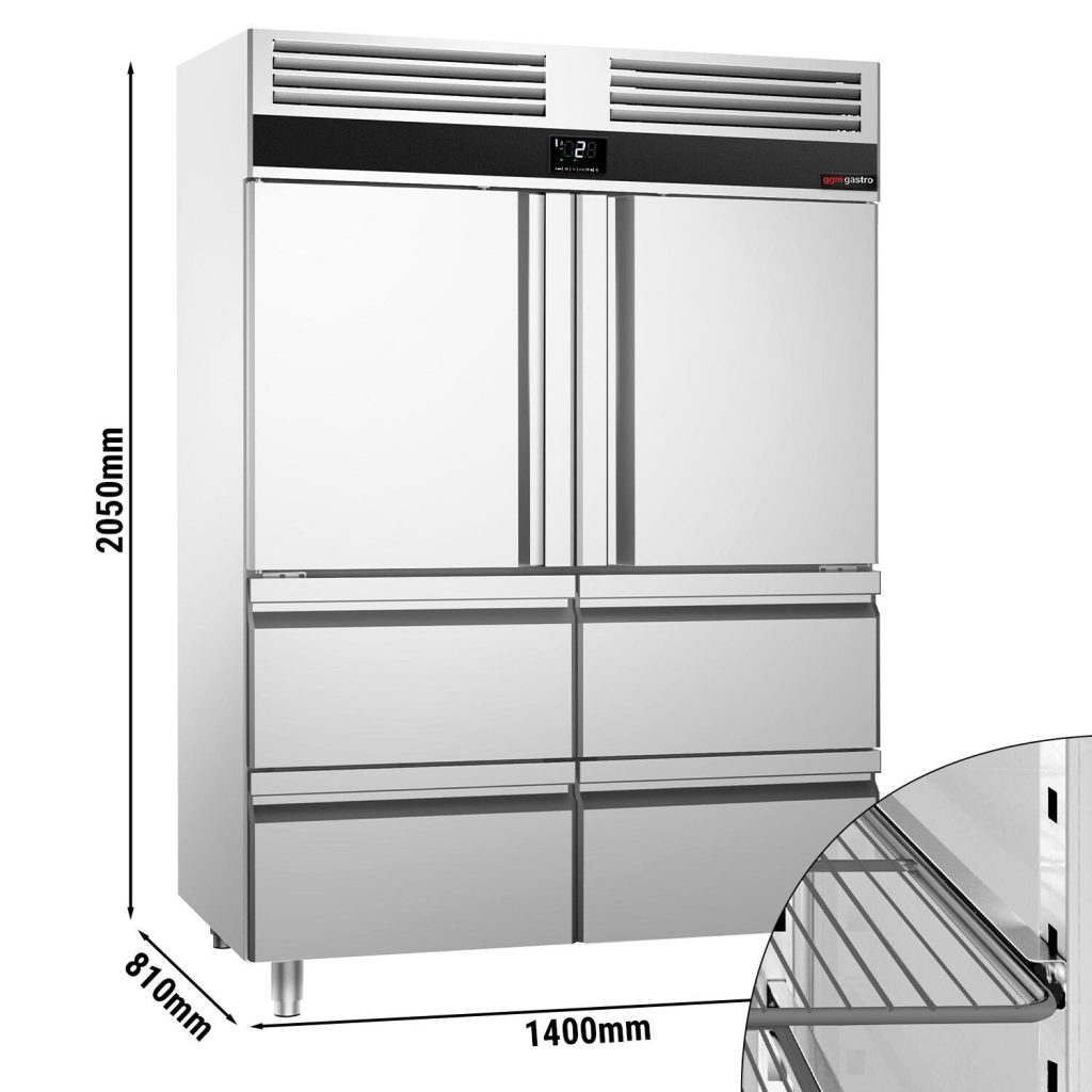 Réfrigérateur en acier inoxydable PREMIUM - GN 2/1 - 1400 litres - avec 2 portes demi et 4 tiroirs