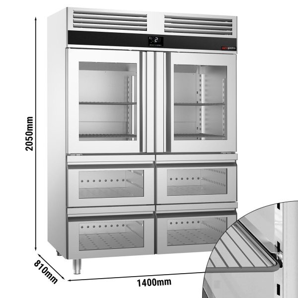 Réfrigérateur en acier inoxydable PREMIUM - GN 2/1 - 1400 litres - avec 2 demi-portes en verre et 4 tiroirs en verre