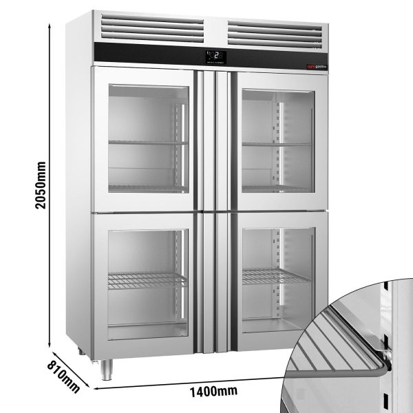 Réfrigérateur en acier inoxydable PREMIUM - GN 2/1 - 1400 litres - avec 4 demi-portes en verre