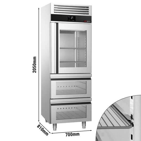 Réfrigérateur en acier inoxydable PREMIUM - GN 2/1 - 700 litres - avec 1 porte en verre et 2 tiroirs en verre