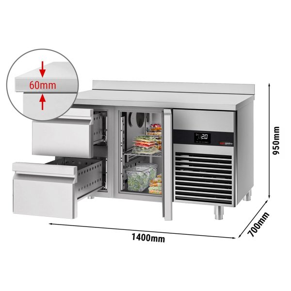 Table réfrigérée PREMIUM - 1400x700mm - avec 1 porte & 2 tiroirs & avec rebord