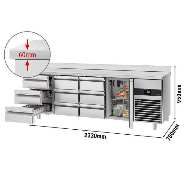 Table réfrigérée PREMIUM - 2330x700mm - avec 1 porte & 9 tiroirs & avec rebord