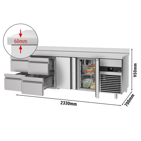 Table réfrigérée PREMIUM - 2330x700mm - avec 2 portes & 4 tiroirs & avec rebord