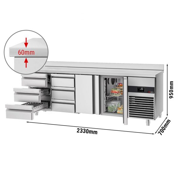 Table réfrigérée PREMIUM - 2330x700mm - avec 2 portes & 6 tiroirs & avec rebord