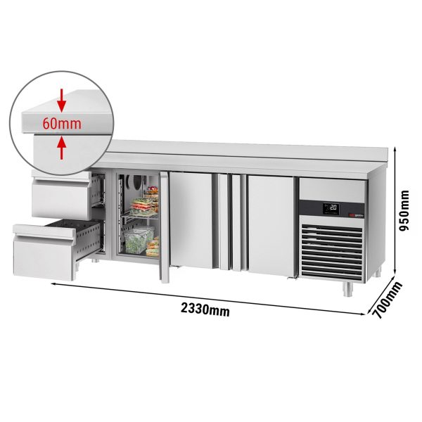 Table réfrigérée PREMIUM - 2330x700mm - avec 3 portes & 2 tiroirs & avec rebord