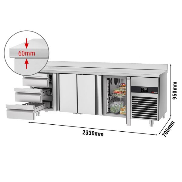 Table réfrigérée PREMIUM - 2330x700mm - avec 3 portes & 3 tiroirs & avec rebord