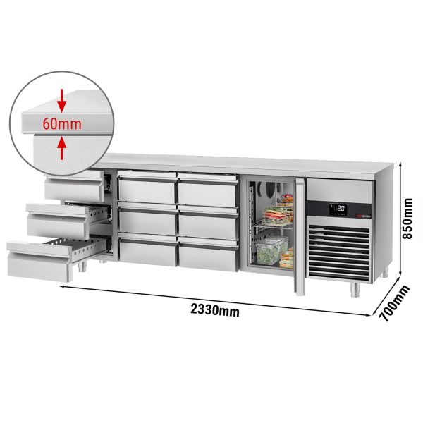 Table réfrigérée PREMIUM - 2330x700mm - avec 1 porte & 9 tiroirs