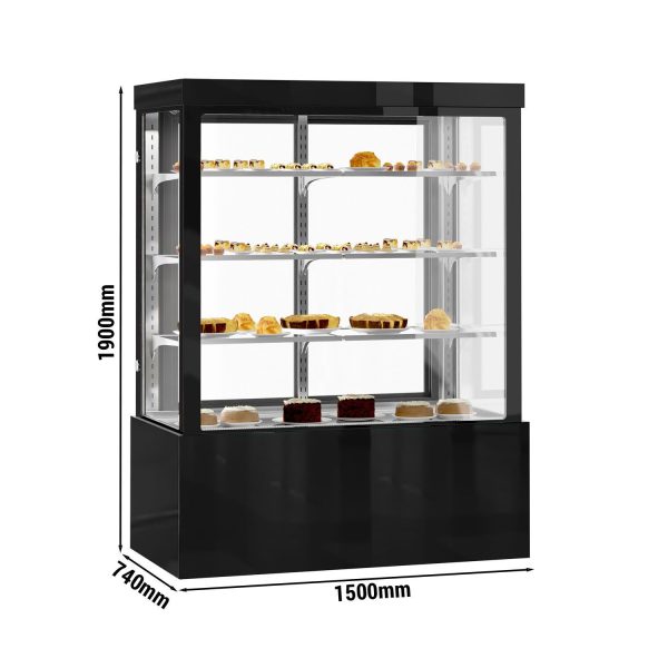 Vitrine à gâteaux - 1500mm - avec éclairage LED, 3 étagères & Façade miroir - Noir