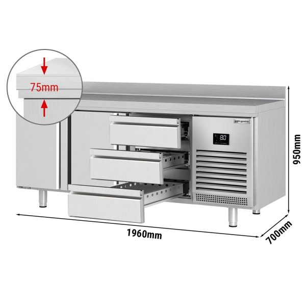 Table réfrigérée Premium PLUS - 1960x700mm - avec 2 portes & 3 tiroirs & avec rebord