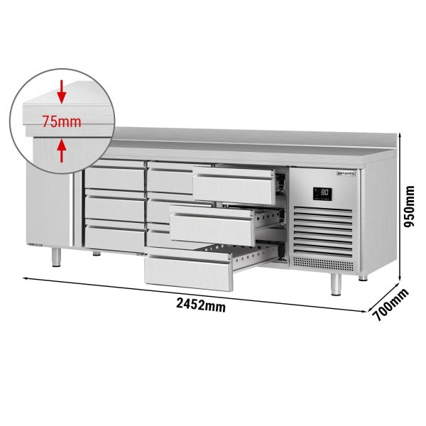 Table réfrigérée Premium PLUS - 2452x700mm - avec 1 porte & 9 tiroirs & avec rebord