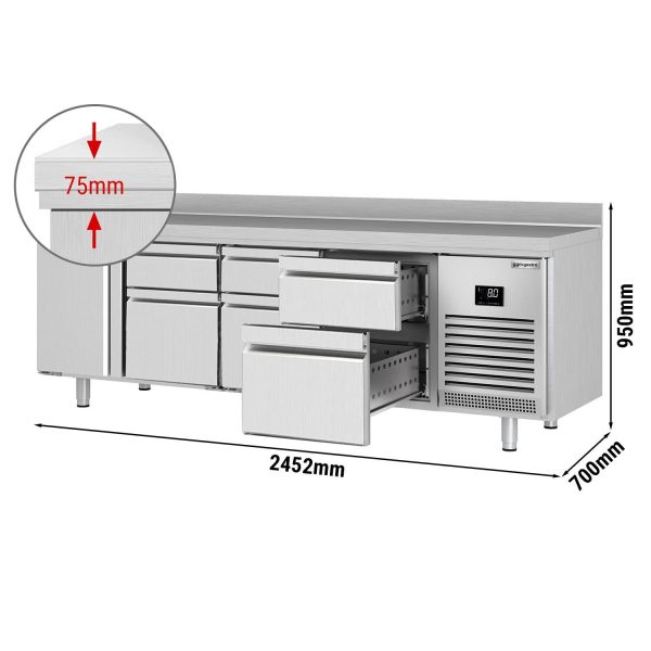 Table réfrigérée Premium PLUS - 2452x700mm - avec 1 porte & 6 tiroirs & avec rebord