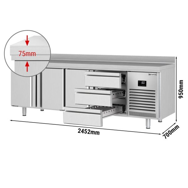 Table réfrigérée Premium PLUS - 2452x700mm - avec 3 portes & 3 tiroirs & avec rebord