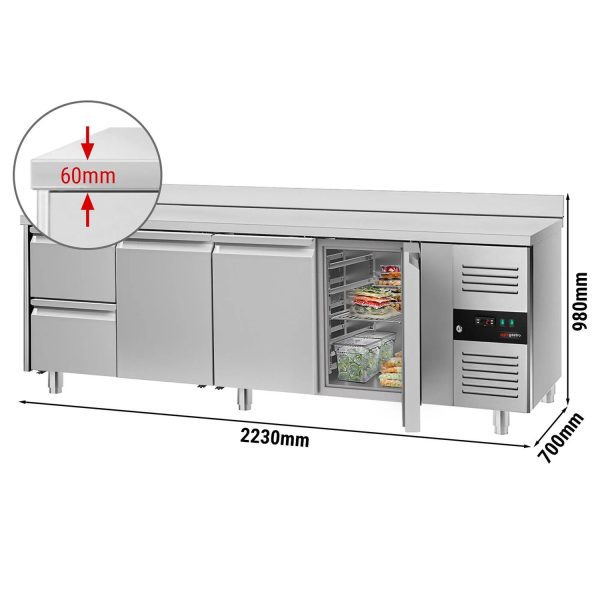 Table réfrigérée ECO - 2230x700mm - avec 3 portes & 2 tiroirs & avec rebord
