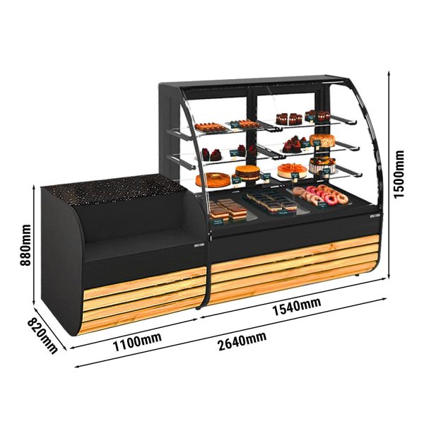 Vitrine à pâtisserie - 1540mm - Façade en bois - avec éclairage LED & 3 étagères - Table de caisse 1100mm incluse