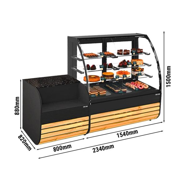 Vitrine à gâteaux - 1580mm - Façade en bois - avec éclairage LED & 3 étagères - Table de caisse 800mm incluse