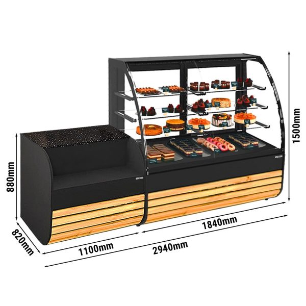 Vitrine à pâtisserie - 1840mm - Façade en bois - avec éclairage LED & 3 étagères - Table de caisse 1100mm incluse