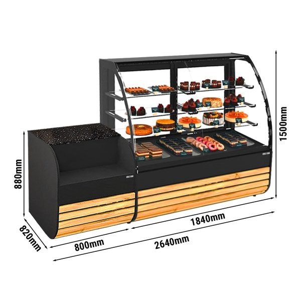 Vitrine à pâtisserie - 1830mm - Façade en bois - avec éclairage LED & 3 étagères - Table de caisse 800mm incluse