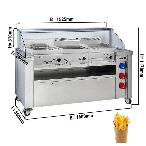 Station de cuisson mobile - 1600x850mm - Hauteur : 1170mm - incl. Friteuse, Plaque à frire & Bain-Marie