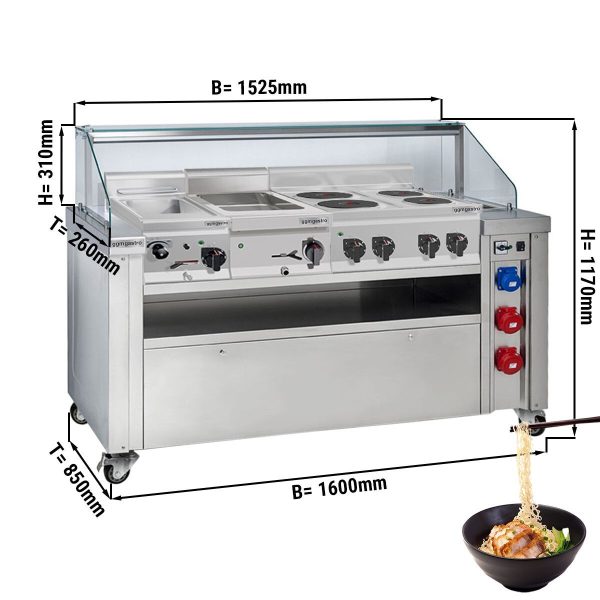 Station de cuisson mobile - 1600x850mm - Hauteur : 1170mm - incl. Cuiseur de pâtes, Cuisinière électrique & Bain-marie