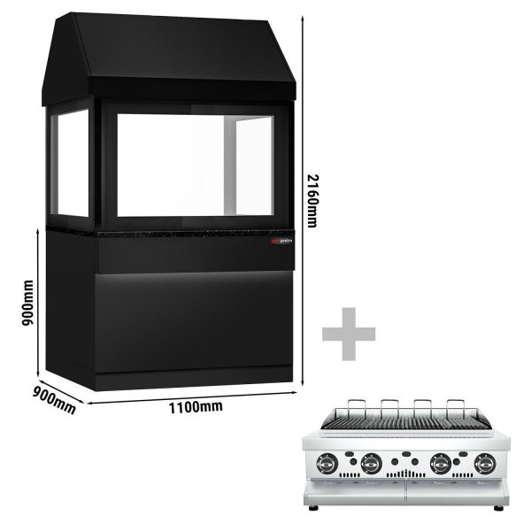 Grill à gaz TORONTO - 1100mm - Façade noire - Plan de travail en granit noir - Verre anti-chaleur