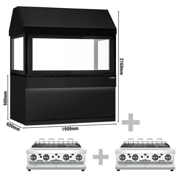Grill à gaz TORONTO - 1900mm - Façade noire - Plan de travail en granit noir - Verre anti-chaleur