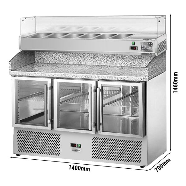 Table réfrigérée pour pizzas ECO - 1400x700mm - avec 3 portes vitrées - Vitrine réfrigérée incluse - 6x GN 1/4