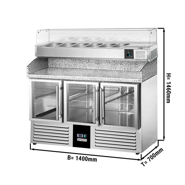 Table réfrigérée pour pizza PREMIUM - 1400x700mm - 3 portes vitrées - Vitrine réfrigérée incluse - 6x GN 1/4