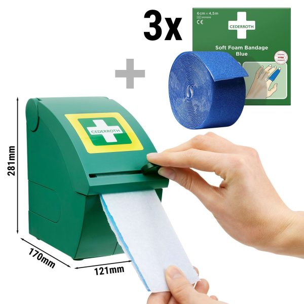 Distributeur de pansements avec bandage bleu autocollant - avec trois rouleaux de recharge