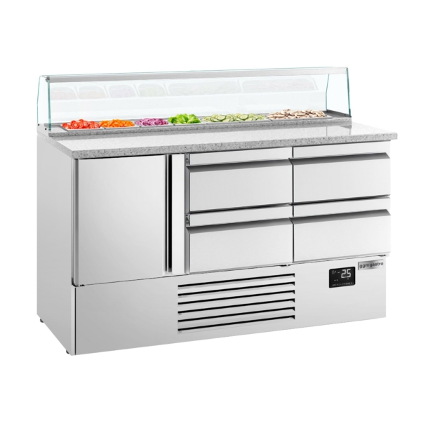 Saladette Premium PLUS - 1460mm - 1 Porte & 4 Tiroirs - 8x GN 1/6 - Rehausse en verre