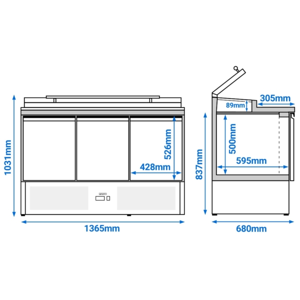 Saladette PREMIUM - 1365mm - pour 7x GN 1/3 - Couvercle en verre - 3 portes en verre