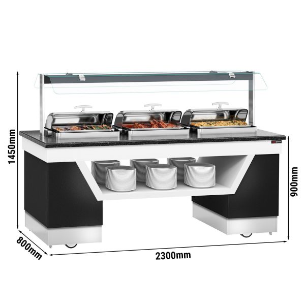 Comptoir buffet chaud BELFAST - 2300mm - avec 3 chafing dishes & roulettes